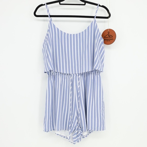 Abercrombie & Fitch Pants - Abercrombie Fitch Blue White Striped Cami Romper Ruffle Tiered Waist Medium NWOT